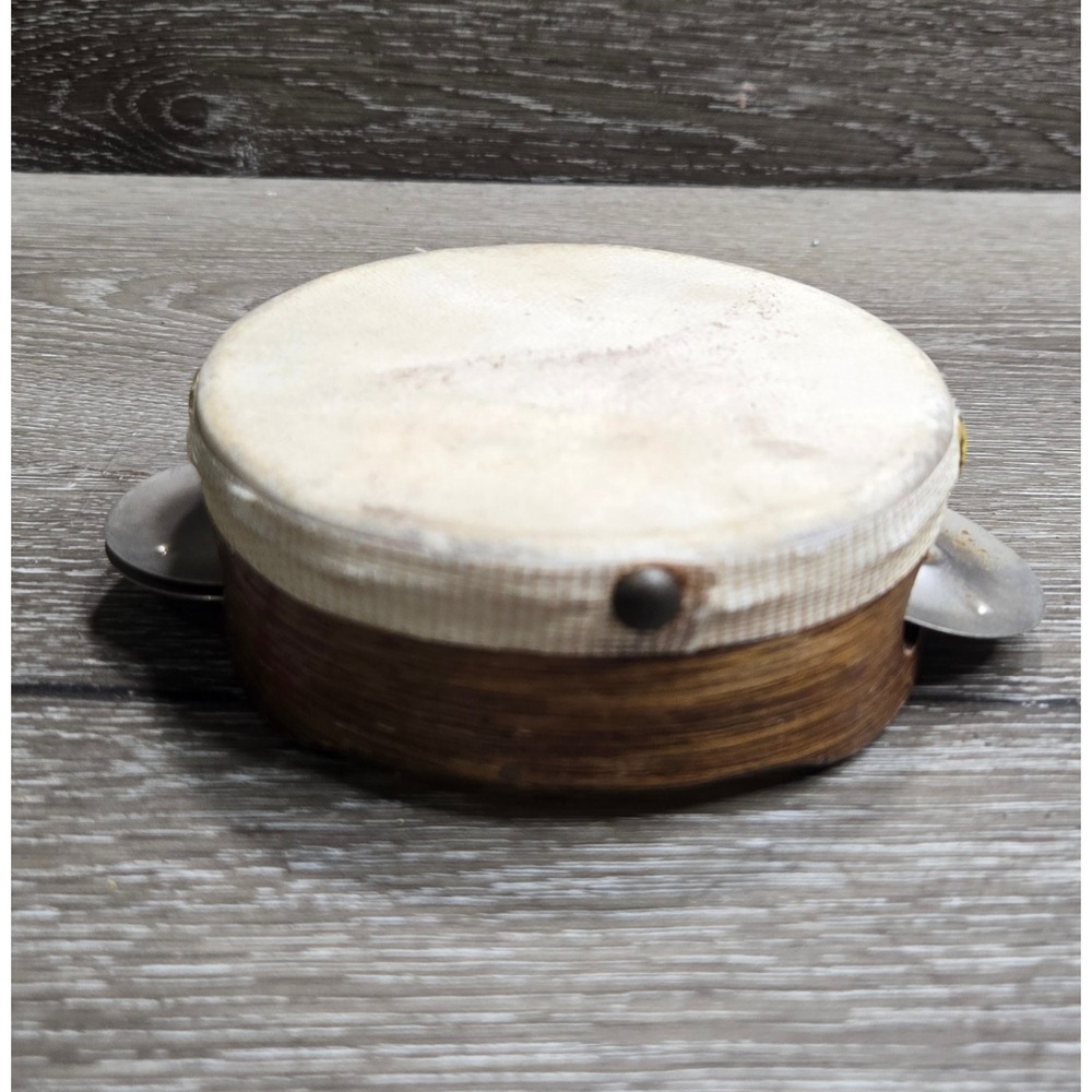 Vintage Small Wooden Tambourine Metal Jingles Taut Skin Round Head Instrument